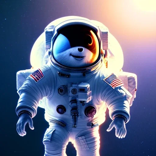 pixar style anamorphic cute astronaut floating in space, full body, puffer jacket, dramatic lighting, hyper realistic, unreal engine 5, 16k, background:space