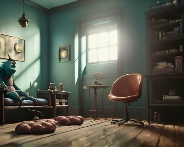 room scene with color hair big monster, realistic photo, sweet, Tim burton style, concept art, smooth, unreal engine 5, god lights, ray tracing, RTX, lumen lighting, ultra detail, volumetric lighting, 3d.