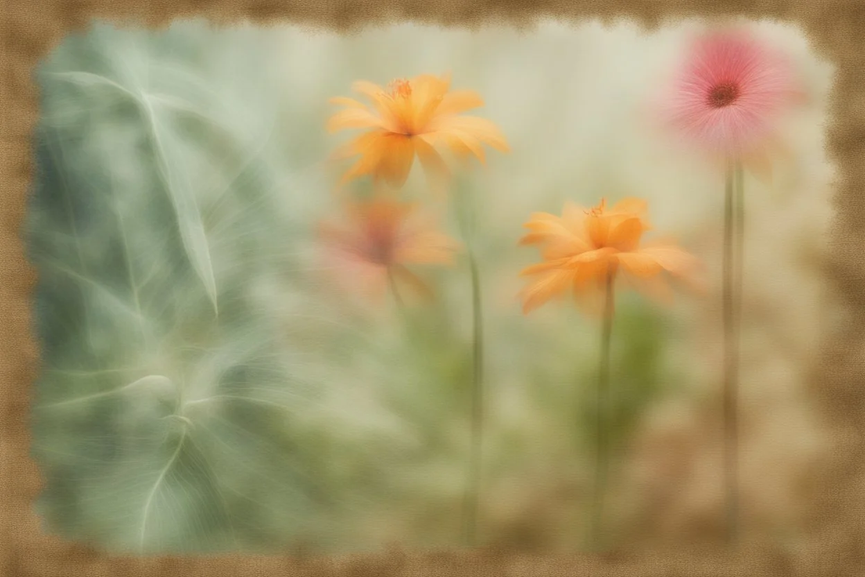 flowers, blur 5%, double exposure, merged layers, in the first part (near to us) of the picture you can see a plain sandblown smoked glass, engraved with a folk art pattern, the glass is cracked in several places, in some places the glass is broken, crumpled burlap, through it you can see a tropical rainforest with a waterfall, mist, tooth, sunrise