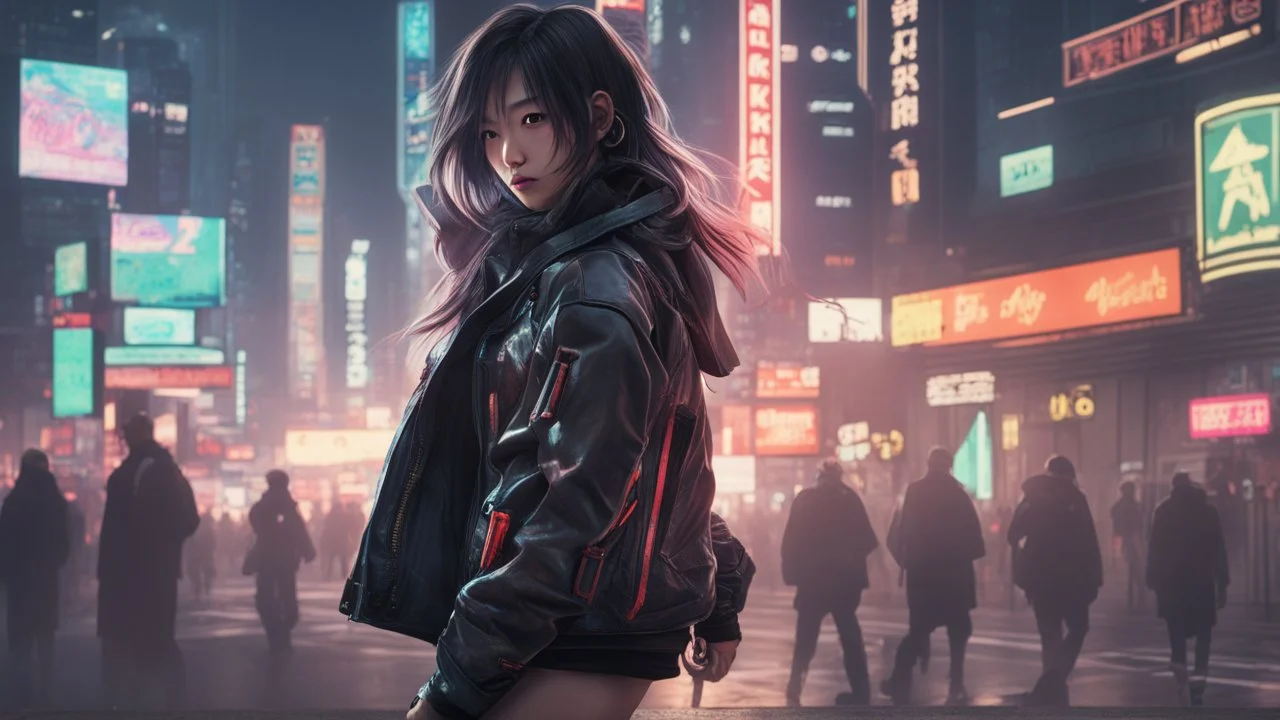 4k, hyper-realistic, Ultra-HD, Ray-tracing, cyberpunk, cybernetics, Asian, Female, short, jacket, carrying pistol, hacker, night time, bright signs, lively city