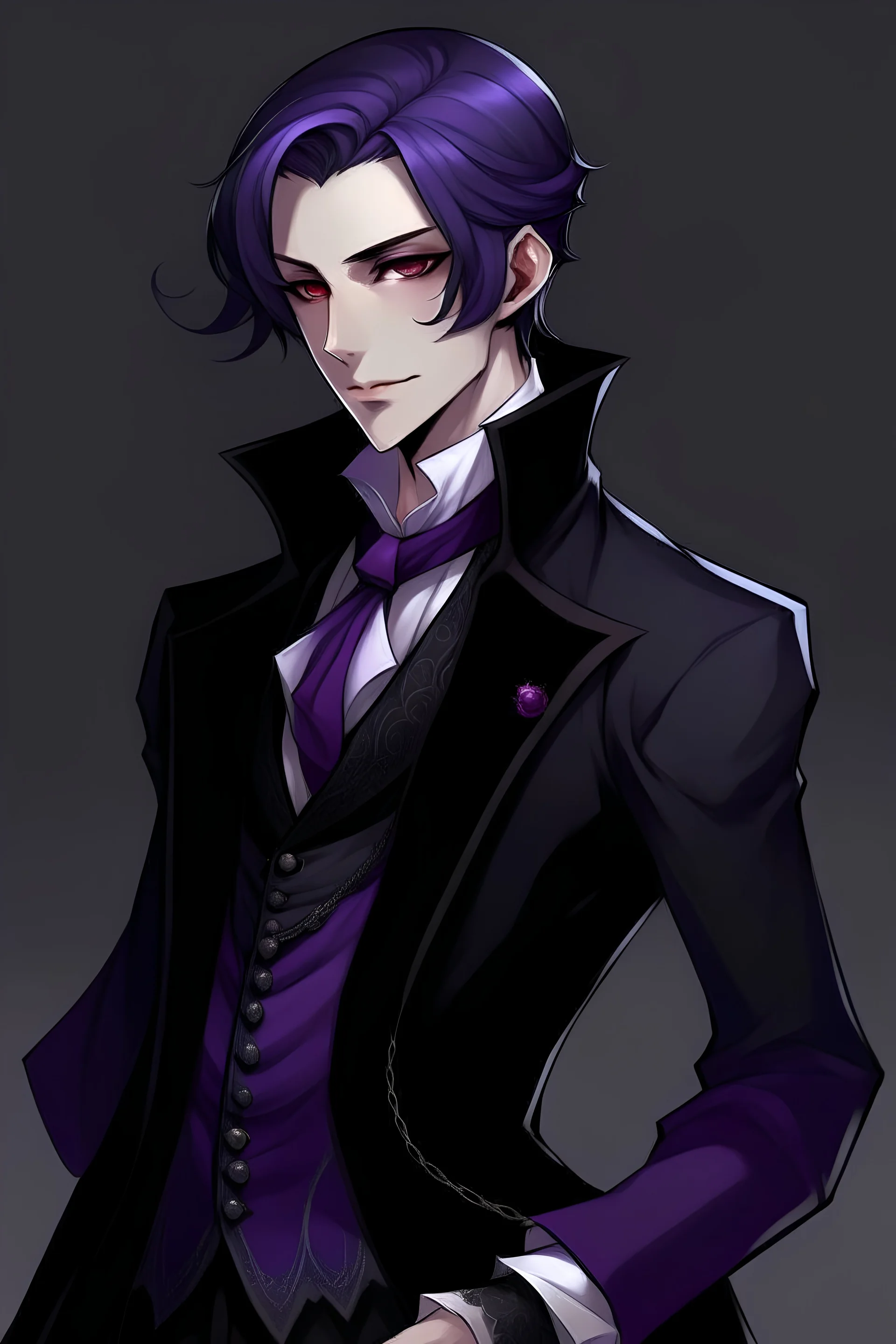 crea un personaje de anime, con pelo violeta oscuro, vestimenta elegante y oscura de la epoca victoriana.
