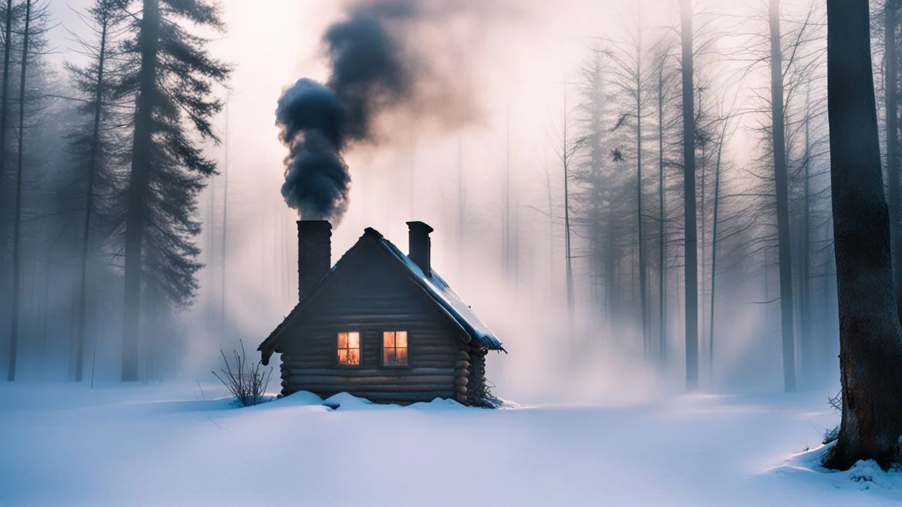 cabin in forest in winter smoke from chimney