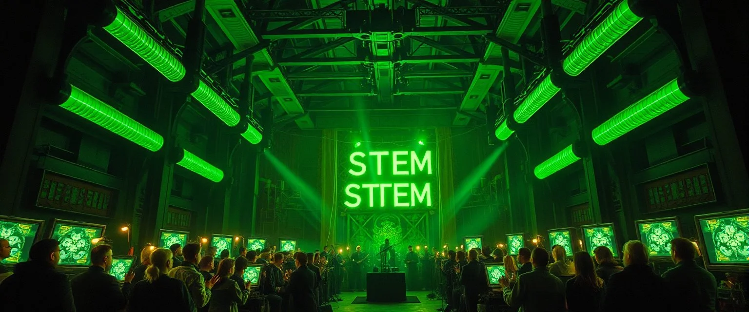 master oil painting by Rembrandt, giant industrial halls green tube lighting choir vocals ancient-celtic-meets-cyberpunk imagery synchronized mechanical drumming flickering CRT screens saying SYSTEM STABLE