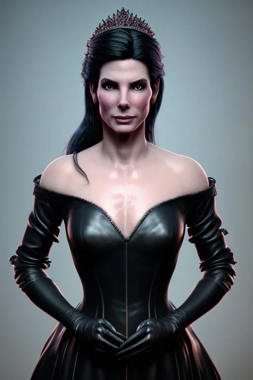 Young Sandra Bullock as evil queen in black leather gown, angry, busty, curvey, cleavage, unreal 5, octane render,cinema4d, dynamic lighting, dramatic lighting, 4k, redshift render, highly detailed, hyper realistic