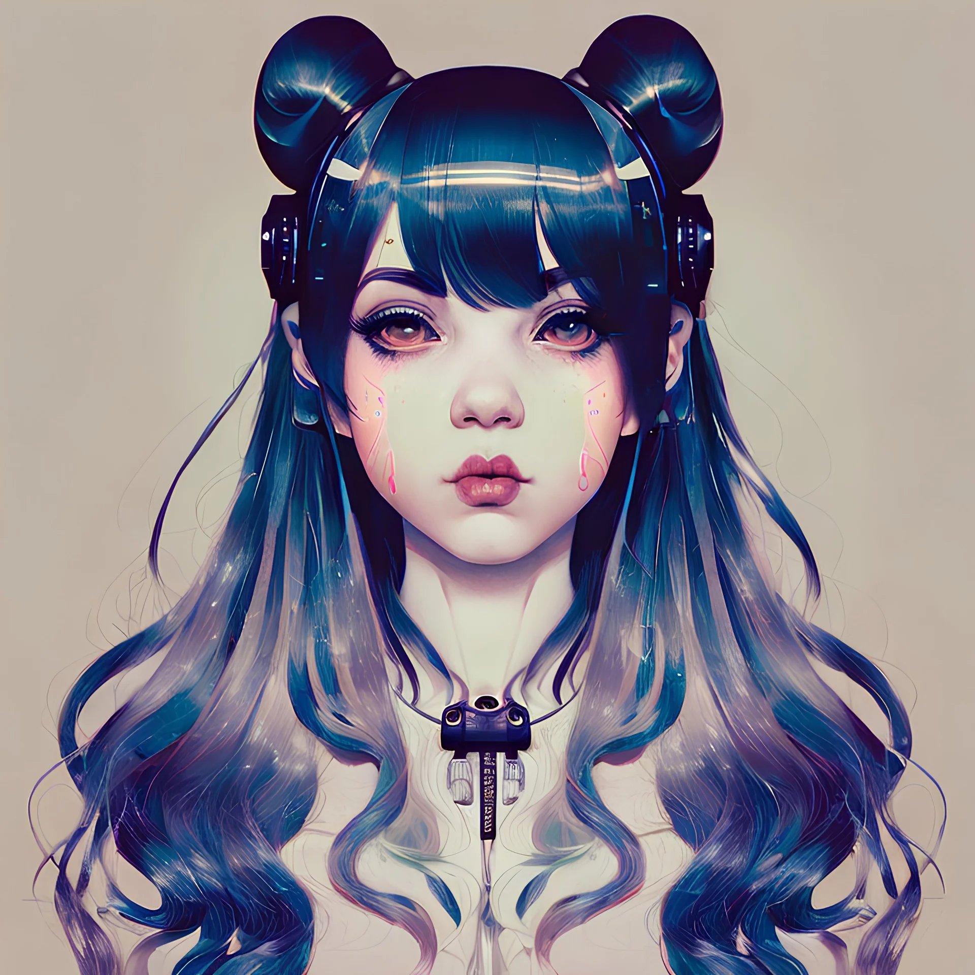 A beautiful portrait painting of a Singer Melanie Martinez face by Katsushika Hokusai, beautiful cyberpunk huge girl, symmetry, hyperdetailed, illustration darkblue tones,