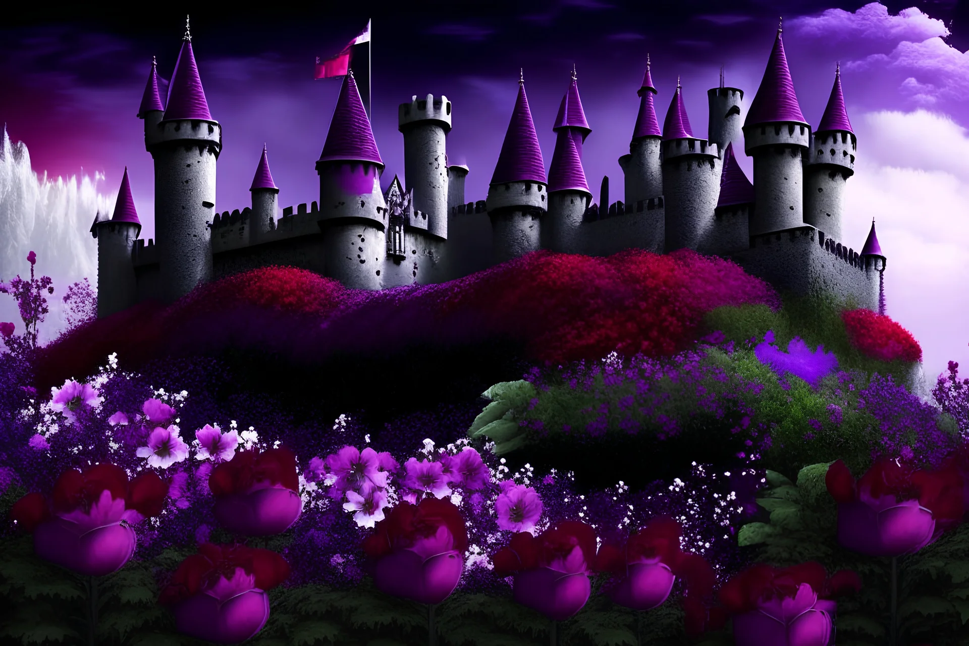 black castle with a garden filled with purple, red and white flowers