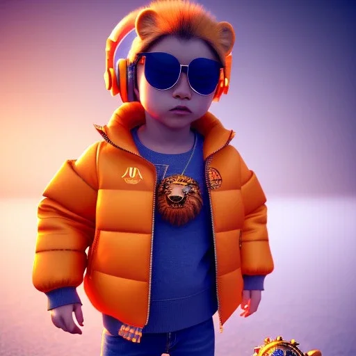 Lion toddler, smile, steampunk headphone, sunglass, gangsta neckless, full body, orange puffer jacket, tokio background, dramatic lighting, hyper realistic, unreal engine 5, 16k