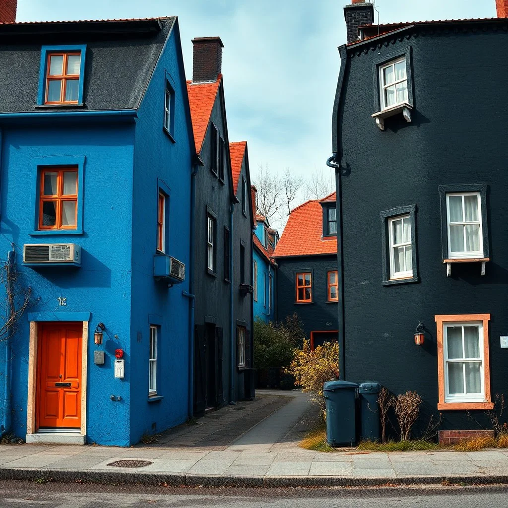 Fotografia di strada a Magog blu weirdcore dai colori vivaci. Non luogo falso, inusuale. Max Ernst. Le case sono false e dipinte di nero chiaro con cose stilizzate e dettagli. Ci sono finestrelle quadrate, che danno un senso distopico e molto surreale, disposte in modo casuale. L'atmosfera generale sembra noiosa e onirica, con un contrasto tra elementi reali ed elementi dipinti