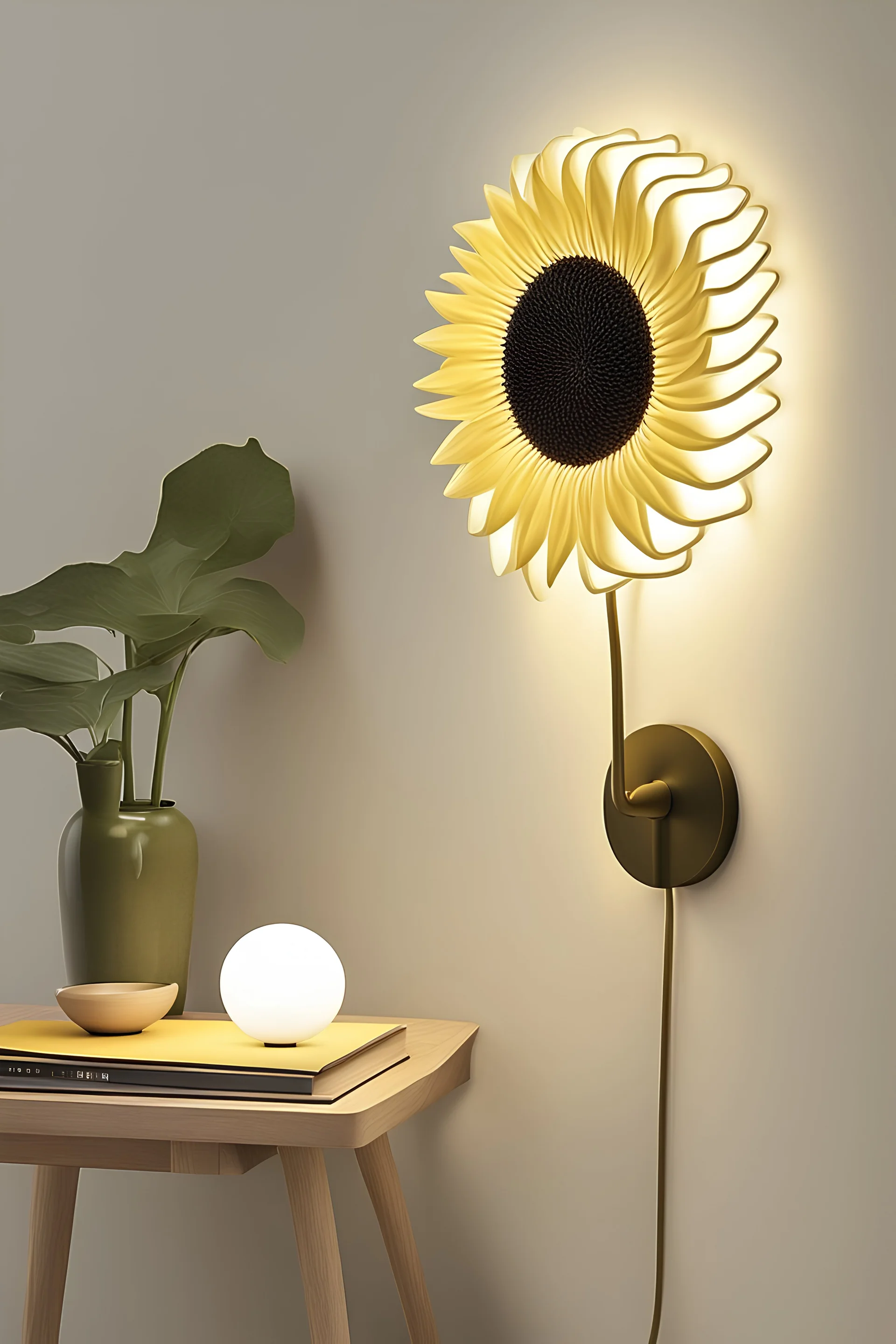 Wall lamp inspired by sunflower, modern aesthetic , versality and yellow color scheme