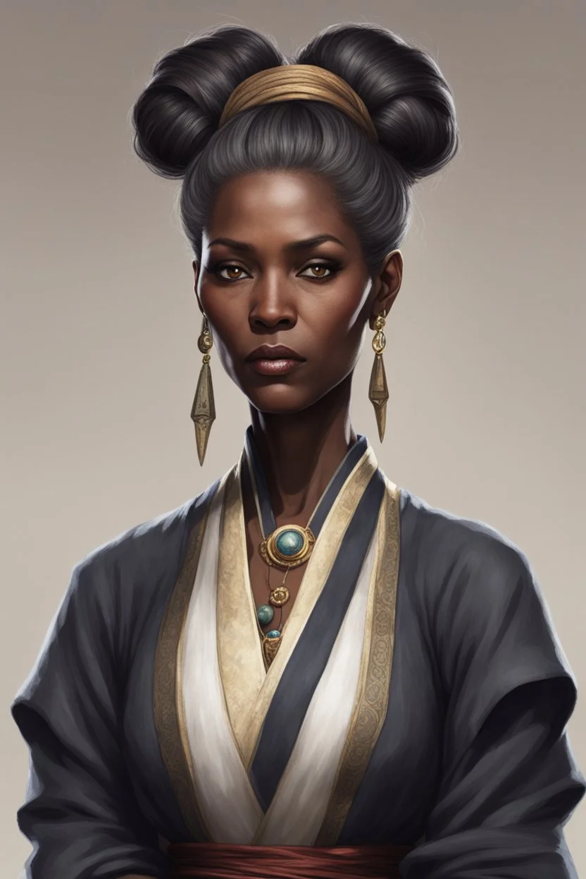 50-year-old sorceress, brown eyes and dark skin, salt and pepper hair tied up in a serious bun, dressed in a diplomatic tunic, with a serious look.