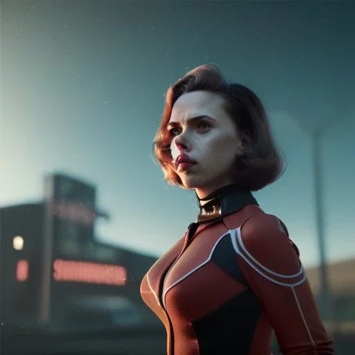 retro sci-fi portrait image from 1960, supermarket parking explosion, fire, classic black widow, young Scarlett Johansson, classic black tight lycra latex suit, retro superhero style, soft color, highly detailed, unreal engine 5, ray tracing, RTX, lumen lighting, ultra detail, volumetric lighting, 3d, finely drawn, high definition, high resolution.