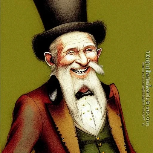 portrait of a old, elf man,, beard,top hat,elegant gold and green suit,smiling, by Jean Baptiste Monge