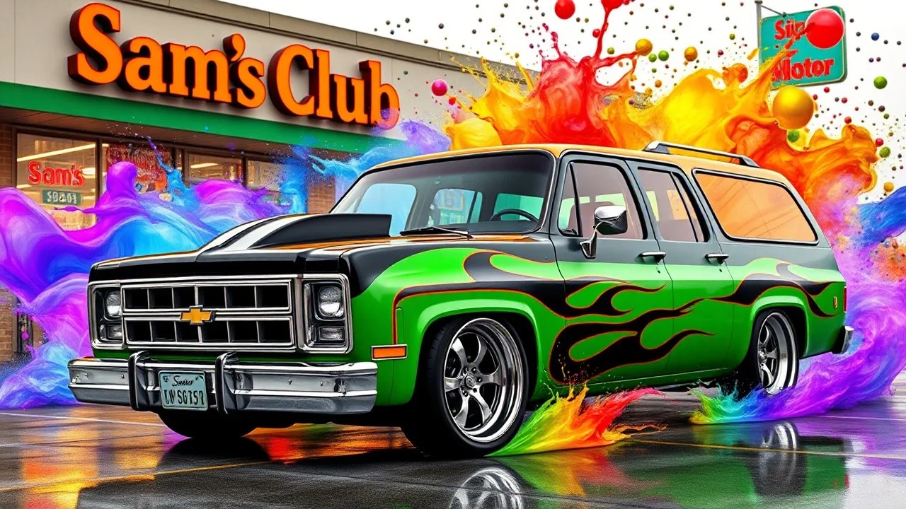 suped up 1979 chevy stationwagon green with black flames outlined with a thin red pinstripe, in front of Sam's club, SuperSport car, impressive, VIP, award winning, detailed a colorful splash of steampunk bubbles , amazing splashscreen artwork, photoshop water art, liquid painting, swirling paint colors, ink splash, physics splashes of colors, colorful swirls of paint, paint splashes, swirling paint, painting of splashing water, splashes of liquid, cgsociety saturated colors, trend on behance 3d