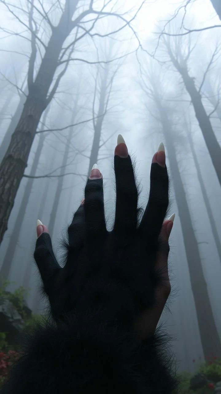 trees and black creatures with human fingers