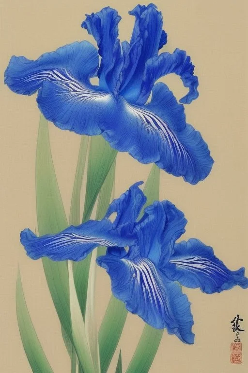 a Japanese painting of a blue iris by artist "Hiroshi Kobayashi"