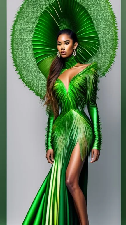 1mannequin, pageant dress, dress inspired by fan palm, pan palm, beautiful, flowing, green, elegant, full body frame, full body, hd, ultra realistic