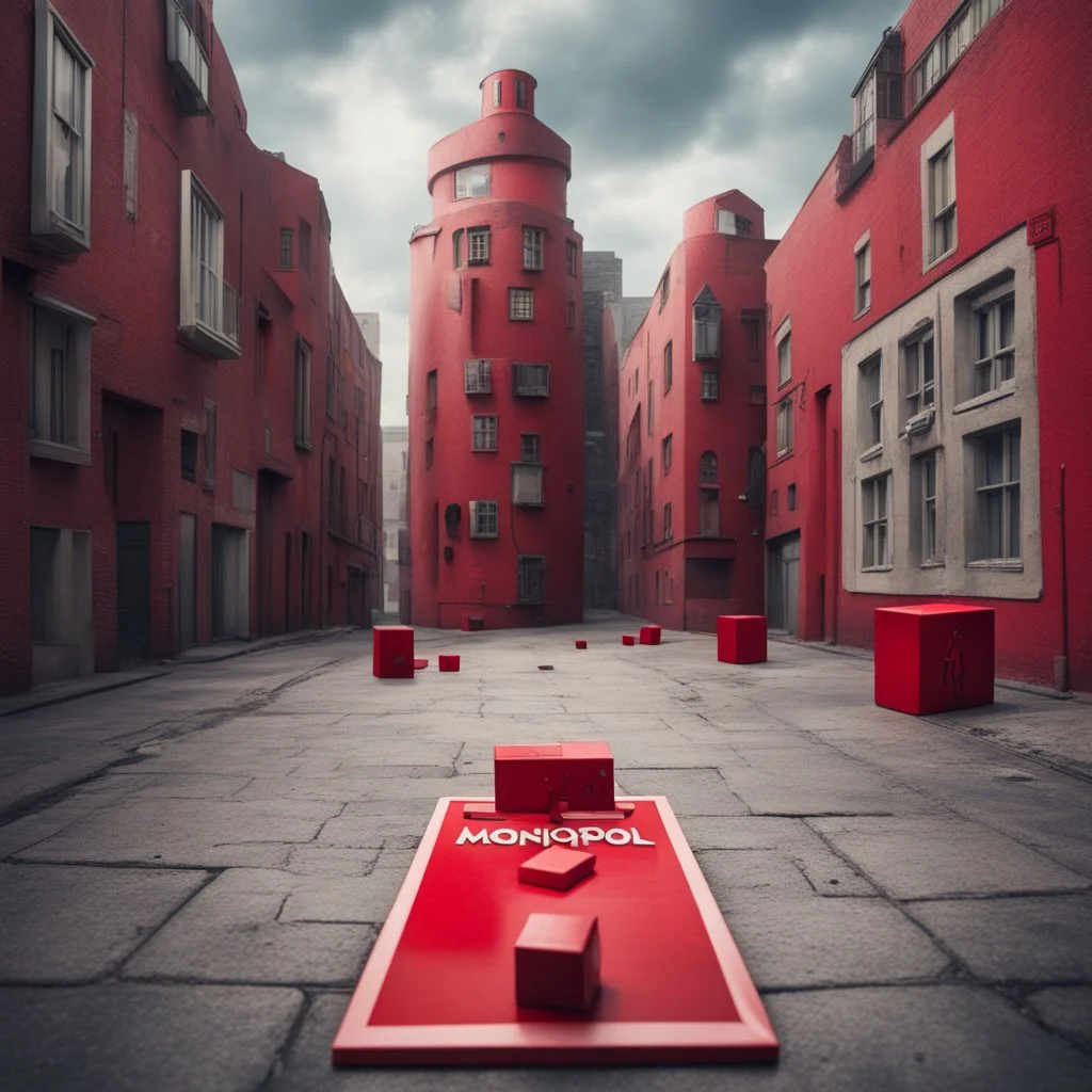 Surreal Street with a real-life red monopoly Hotel Monopoly piece in between two buildings, profound, dramatic, magic realism