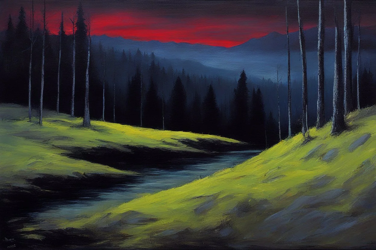 night, forest, cliff, 2000's gothic horror movies influence, otto pippel impressionism paintings