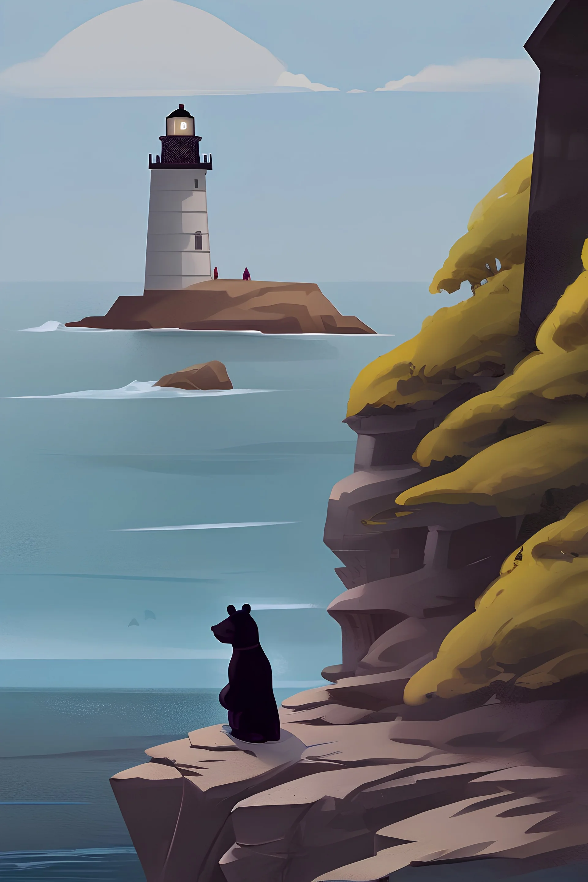 On a cliff over the sea, with a lighthouse in the background,A bear in a tuxedo is paying a respect to a widow near a yellow coffin