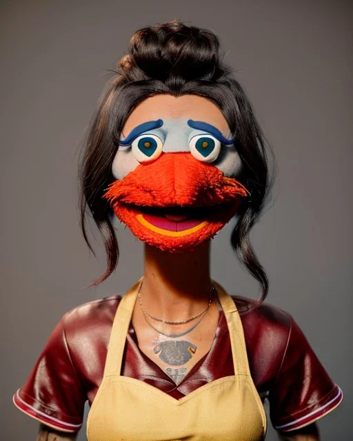 hybrid character, waitress sexy woman with monster muppet mask that covers her entire head, short shirt, tray, beer, old school tattoo, retro style, Sesame Street style, hot, smooth, unreal engine 5, god lights, ray tracing, RTX, lumen lighting, ultra detail, volumetric lighting, 3d.