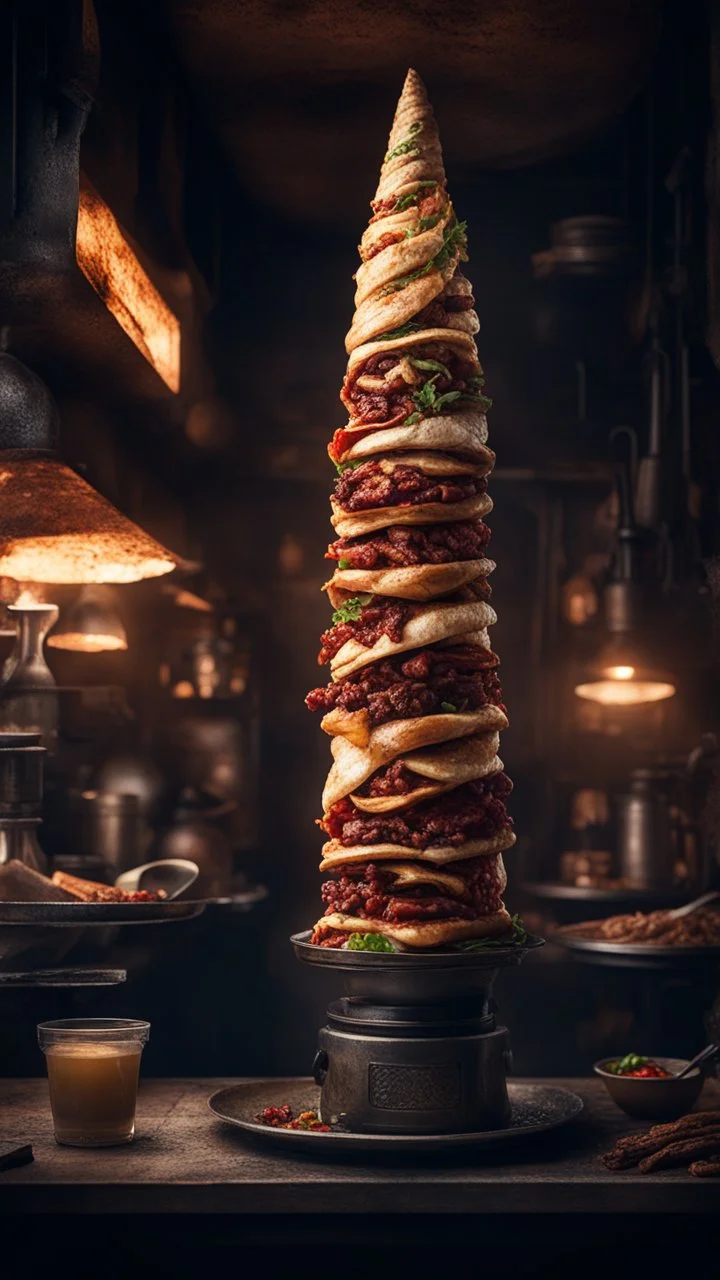 Si-Fi, The permanent under atmospheric lighting effects, , Shawarma is meat stacked in a cone-like shape on a vertical rotisserie.intricate historical moody atmosphere, eerie grimdark ambiance, complex motherboard accents, speculative fiction art. Bokeh