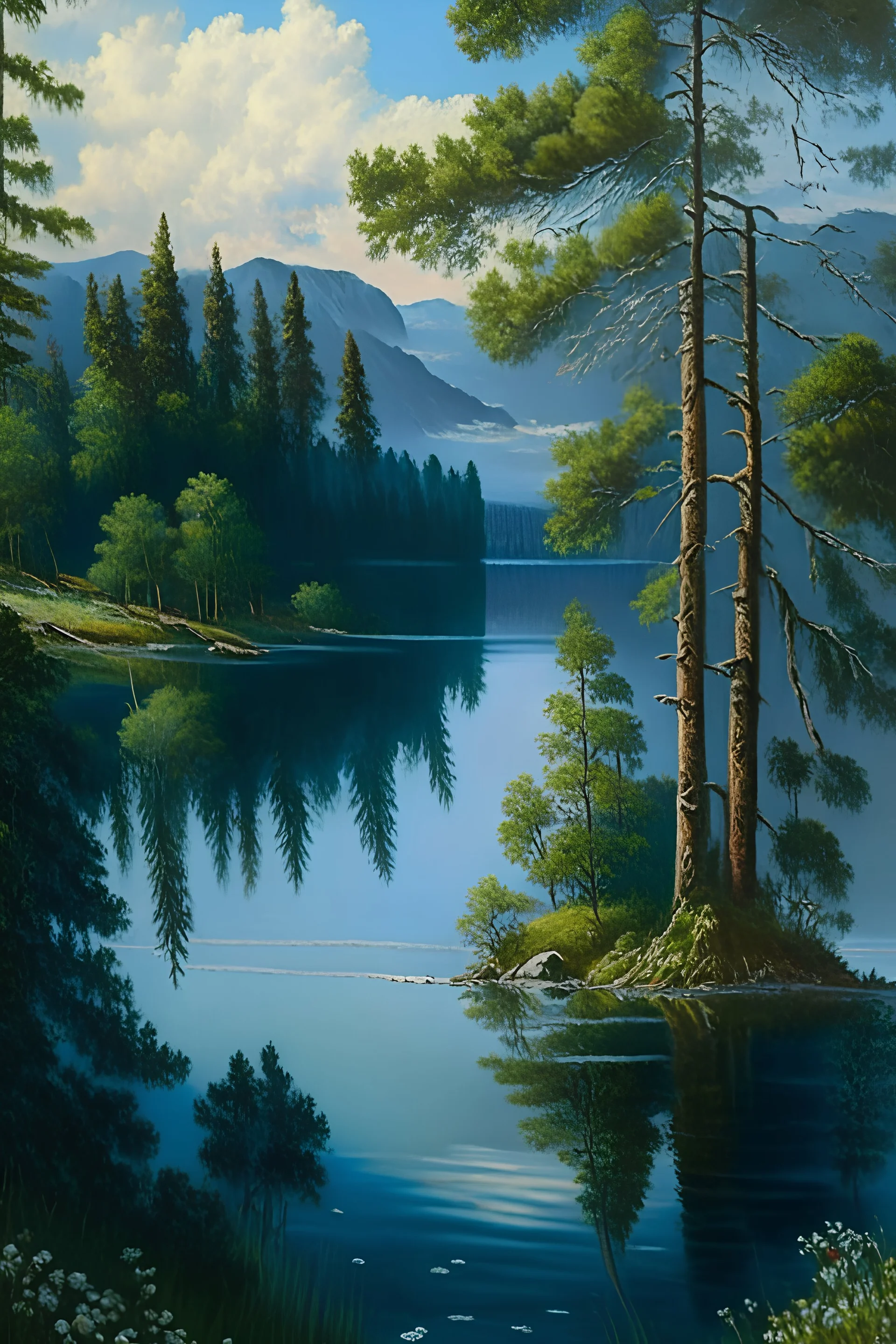 A painting of a beautiful place with a clear lake and trees beneath it