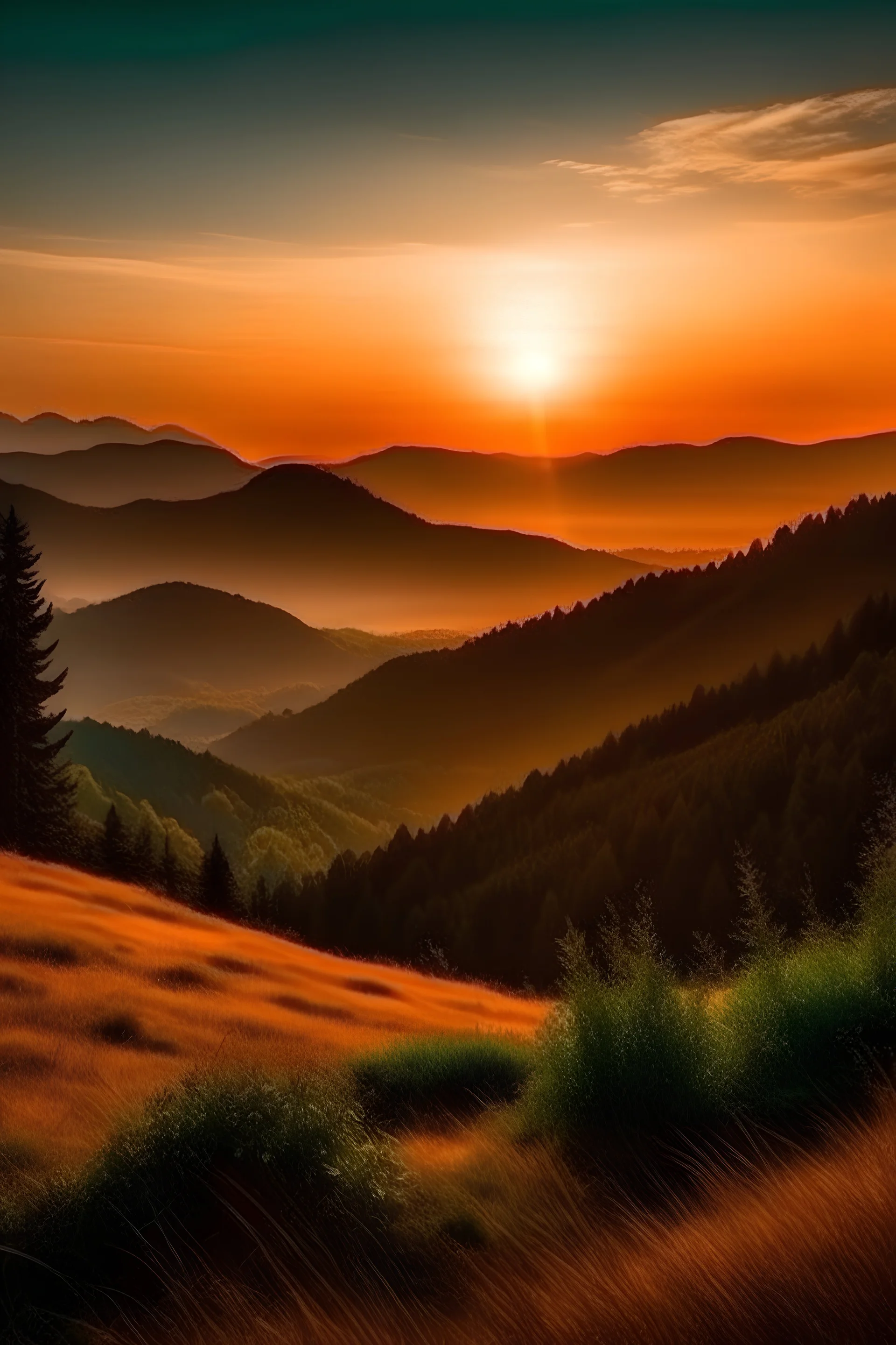 paisajes de un bello atardecer y de fondo un valle arbolado junto a una montaña de gran altura