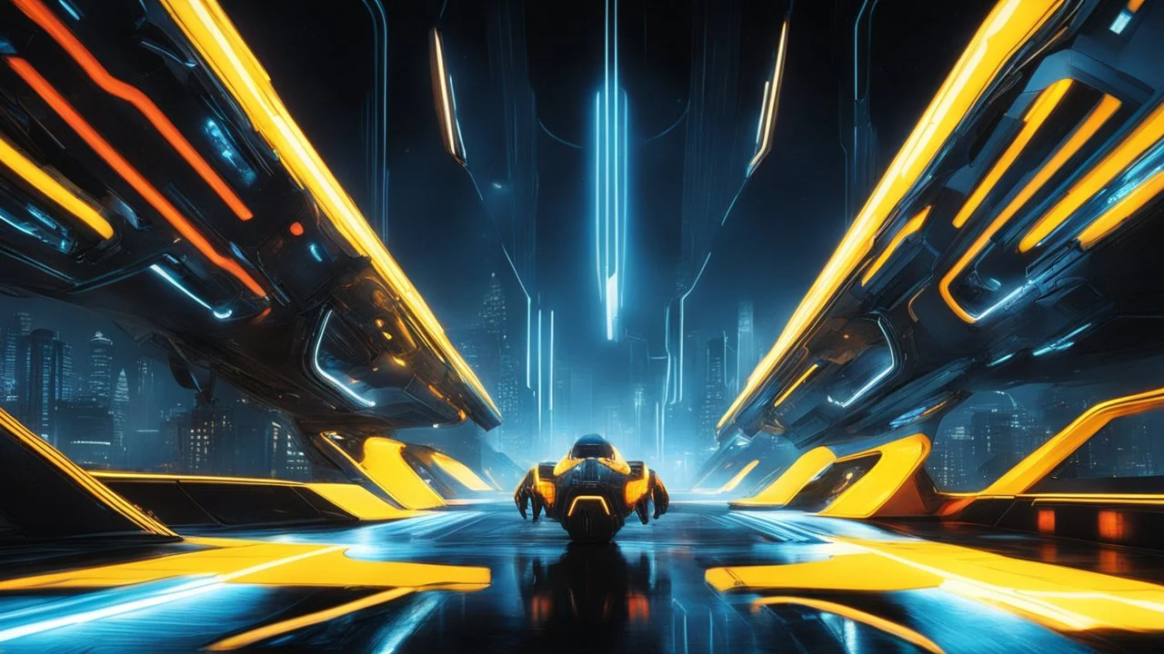 tron legacy movie, creatures,, space ships, city of the future, yellow, blue, red