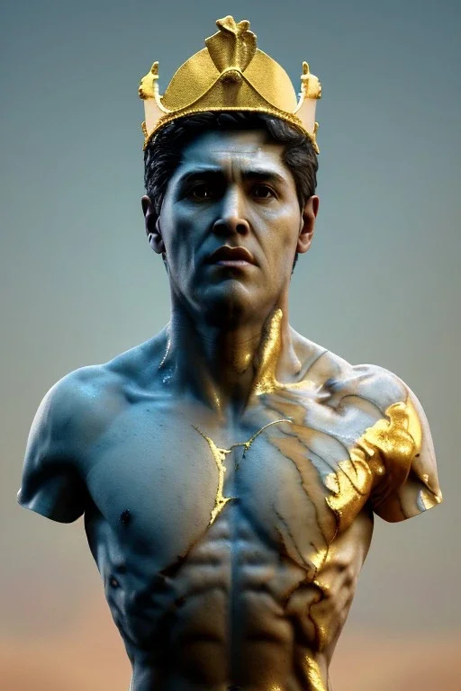 Ultra Realistic image, classic sculpture, white marble material, Maradona, gold crown of natural thorns, god crown, gold veins, gold ornaments, sun rays background, waist up portrait, epic, celestial, cinematic lighting, God lights, 4k resolution, smooth details, soft lighting, unreal engine 5, art station, substance 3d.