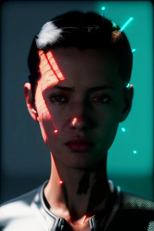 Ultra Realistic image, 25 years old brunette woman, Madrid, portrait, small stature, small chest, yakuza body tattoo, latex dress, short, rain, fog, dark, leds, neon, cyberpunk, vibrant color, highly detailed, art stations, concept art, smooth, unreal engine 5, god rays, ray tracing, RTX, lumen lighting, ultra detail, volumetric lighting.