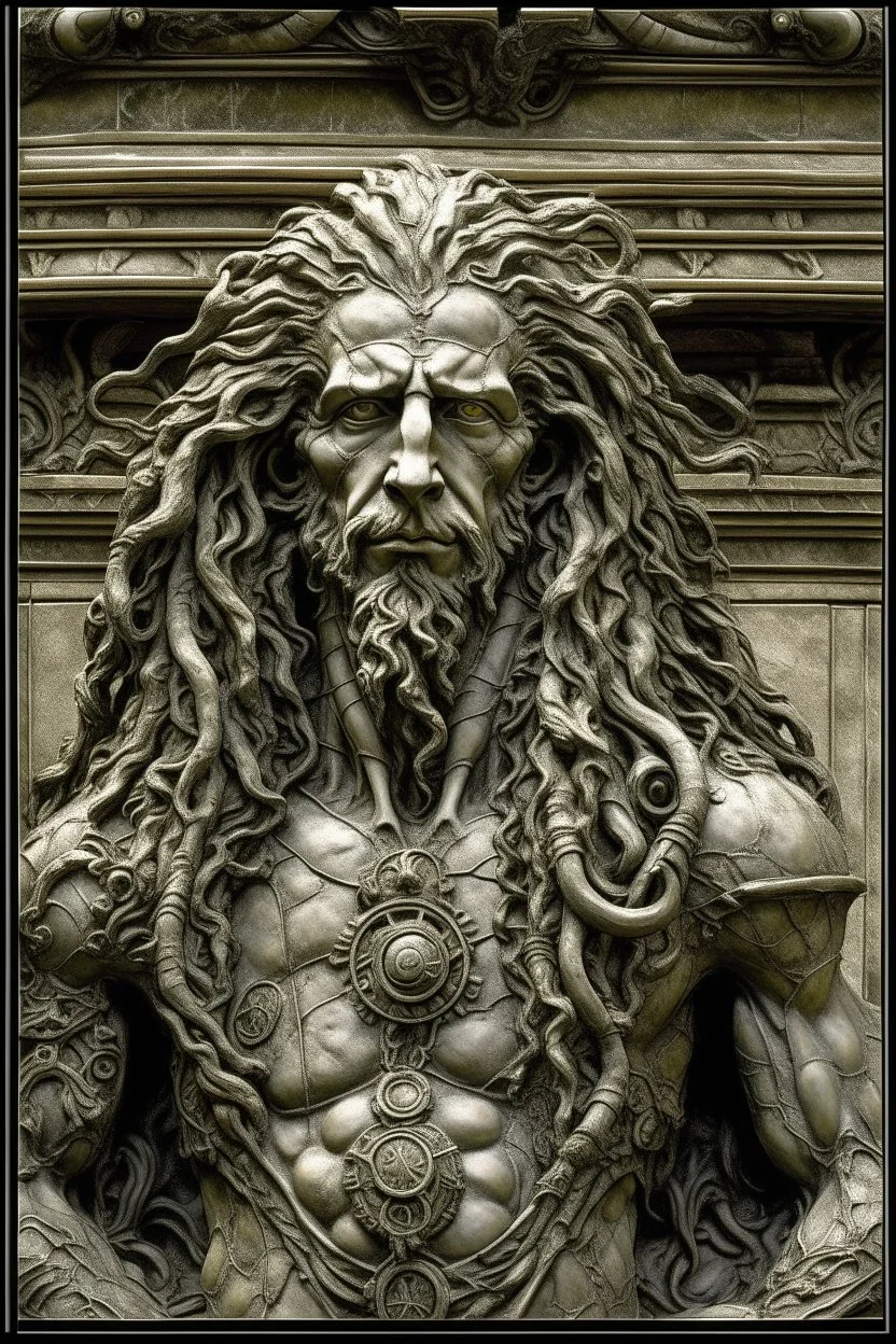 sculpture of handsome man with long curly hair and a lion , half the f his body , front view . decayed and rotting with grotesque proportions and imagery. abstract grotesqueries, detailed texture, surreal horror, biomechanical design, by hr giger and beksinski