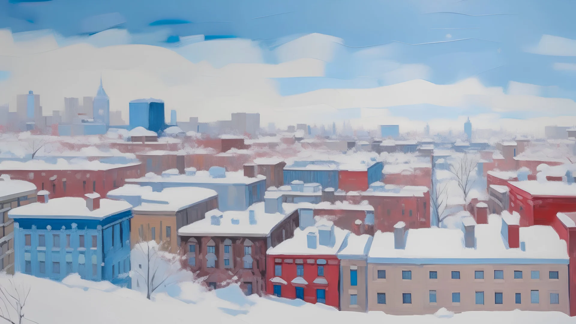 The image showcases an expansive city skyline, painted with an impressionist flair. The cityscape is a collection of buildings, their rooftops blanketed with white snow. A few trees are scattered across the scene, their branches heavy with the same snow. The sky above is a pale blue, contrasting with the vibrant red of a distant building. The overall scene exudes a sense of tranquility and beauty, characteristic of the impressionist style.