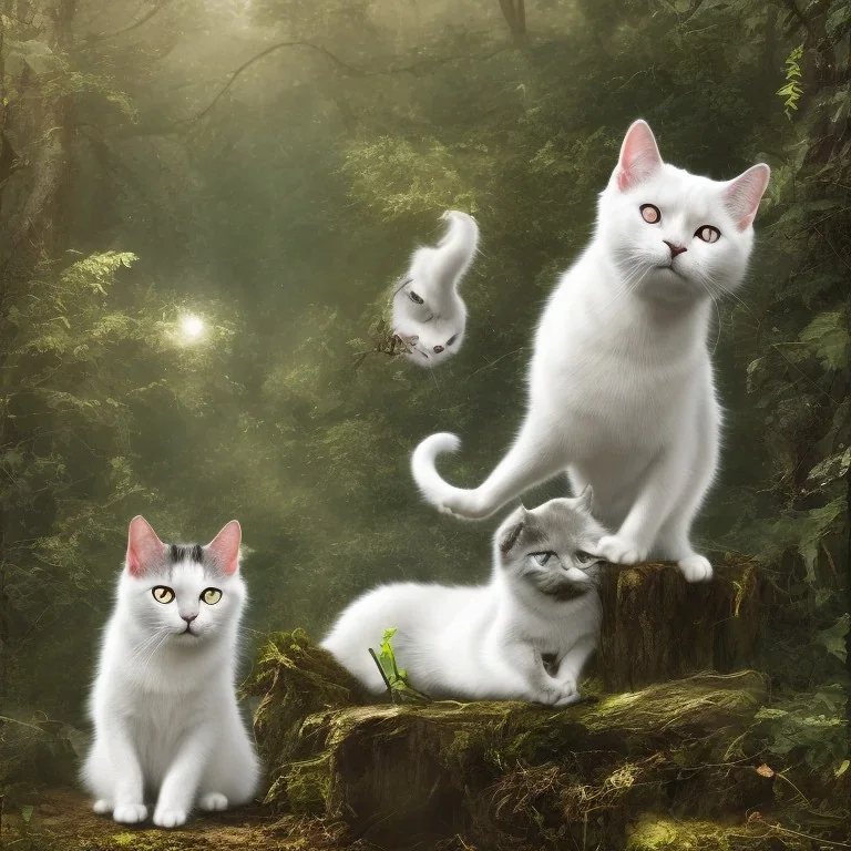 a black cat playing with a white cat in the forest