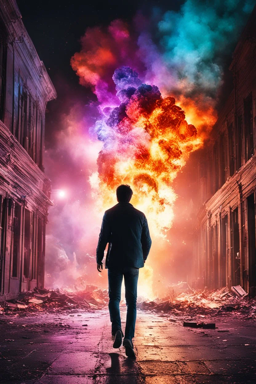 Young man walking away from a building that is exploding at night, with coloured auras all around him