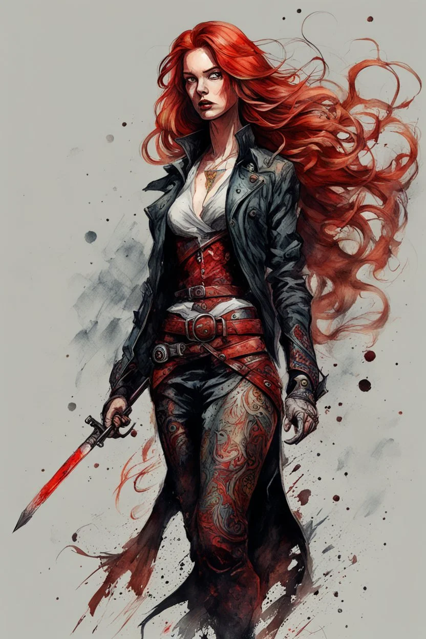 highly detailed full body character concept illustration of a long red haired, Pict woman, , maximalist, sharp focus, highest resolution, in the styles of Denis Forkas , and Masahiro Ito, boldly inked, 8k, coarse, gritty textures