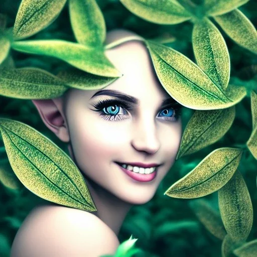 sourceress girl, beautiful, cute, intricate plants in the hair, green leaf skin, misterious smile, like an elf, tiled, sun ray, high definition, cinematic, rendering