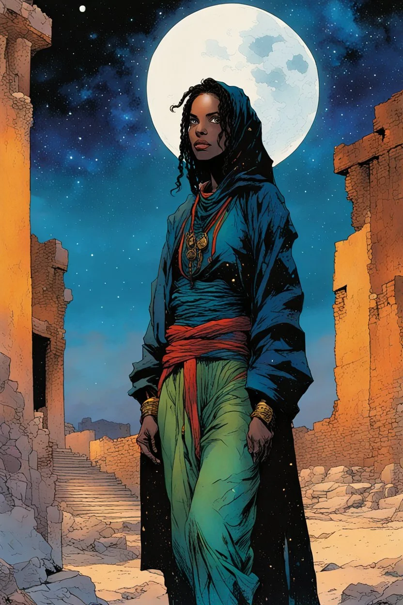 create an imaginative illustration of a Tuareg female, in traditional dress, with finely detailed facial features, short dreadlock hair, in the ruins of Djemila under the midnight sky, in the comic book art style of Bill Sienkiewicz, Mike Mignola, and Jean Giraud Moebius, finely textured, drawn, colored, and inked