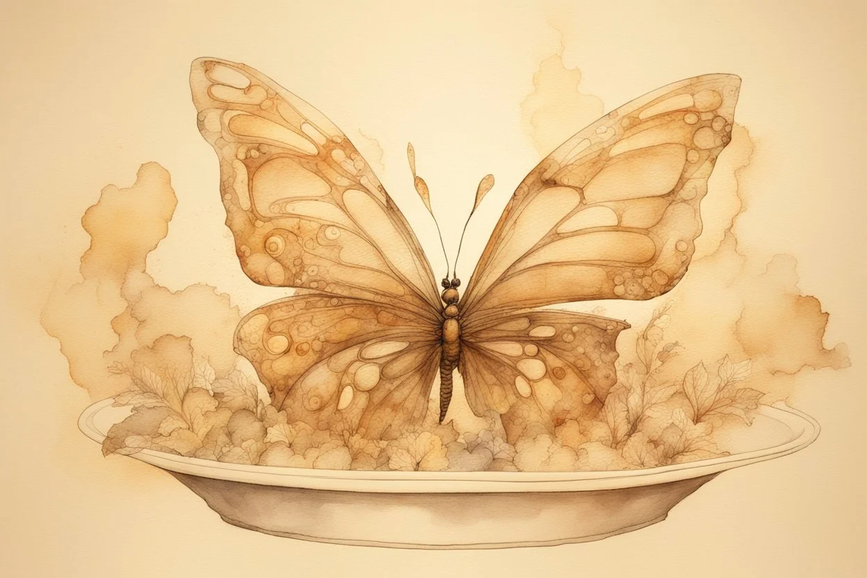 double exposure salad platter butterfly Jean Baptiste Monge watercolor and ink S<AI double exposure burned brown sepia colors abstract lines pastel colors golden glitter ink contours