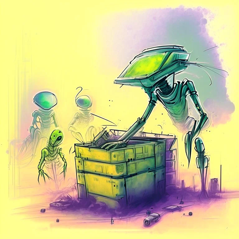 crate an Alien environemt with some aliens doing daily task work, watercolour painting