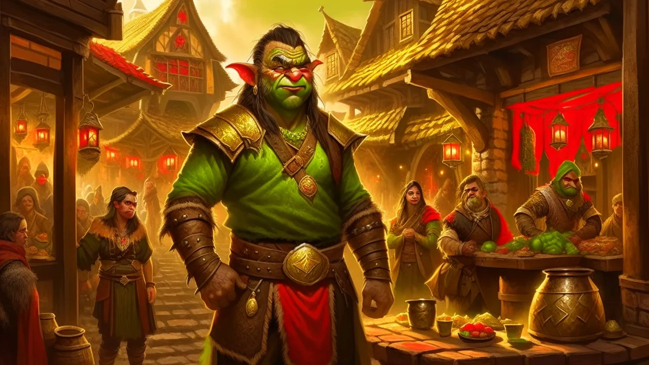 rich orc, luxury clothes, tavern in the background, gold coins