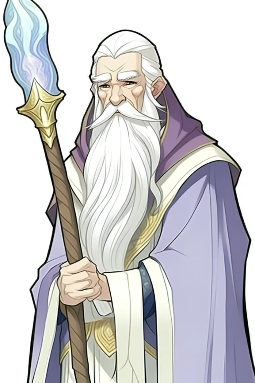 a drawing of a wizard holding a wand, by Kanbun Master, reddit, hurufiyya, he is a long boi ”, dwarf with white hair, discord profile picture, semi realistic