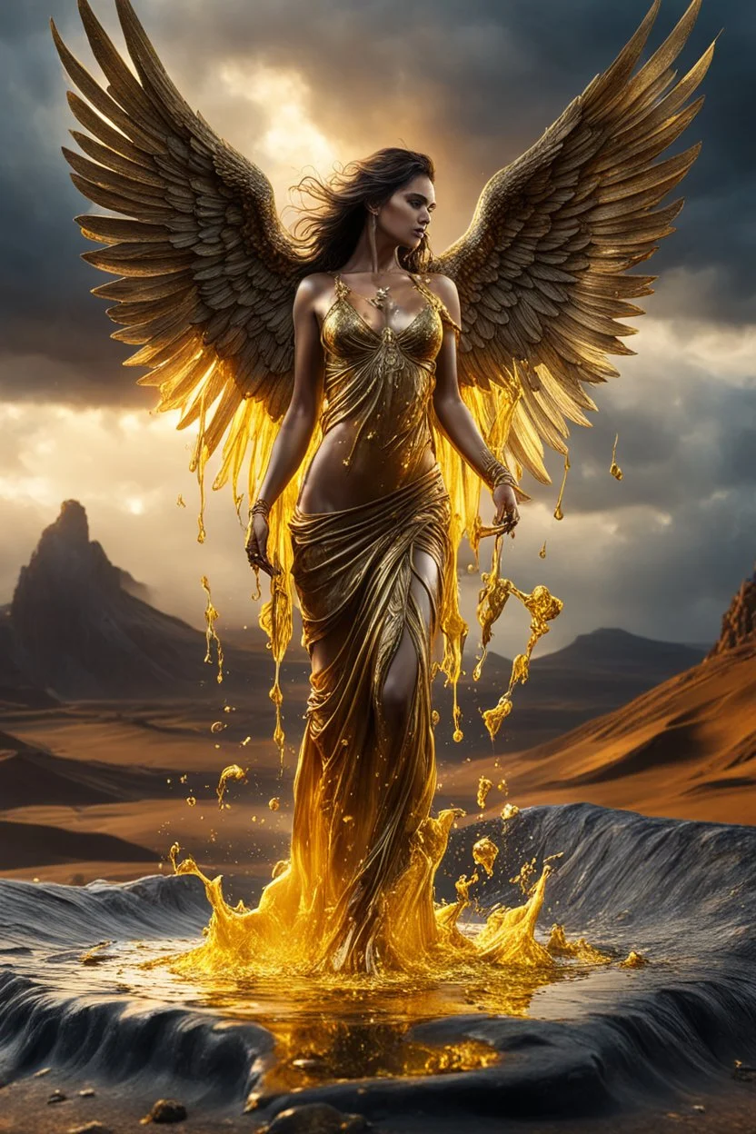 A hyper-realistic photo, beautiful fallen angel disintegrating into gold dripping ink and slime::1 ink dropping in water, molten lava,4 hyperrealism, intricate and ultra-realistic details, cinematic dramatic light, cinematic film,Otherworldly dramatic stormy sky and empty desert in the background 64K, hyperrealistic, vivid colors, , 4K ultra detail, , real photo, Realistic Elements, Captured In Infinite Ultra-High-Definition Image Quality And Rendering, Hyperrealism, real world, in real life, re