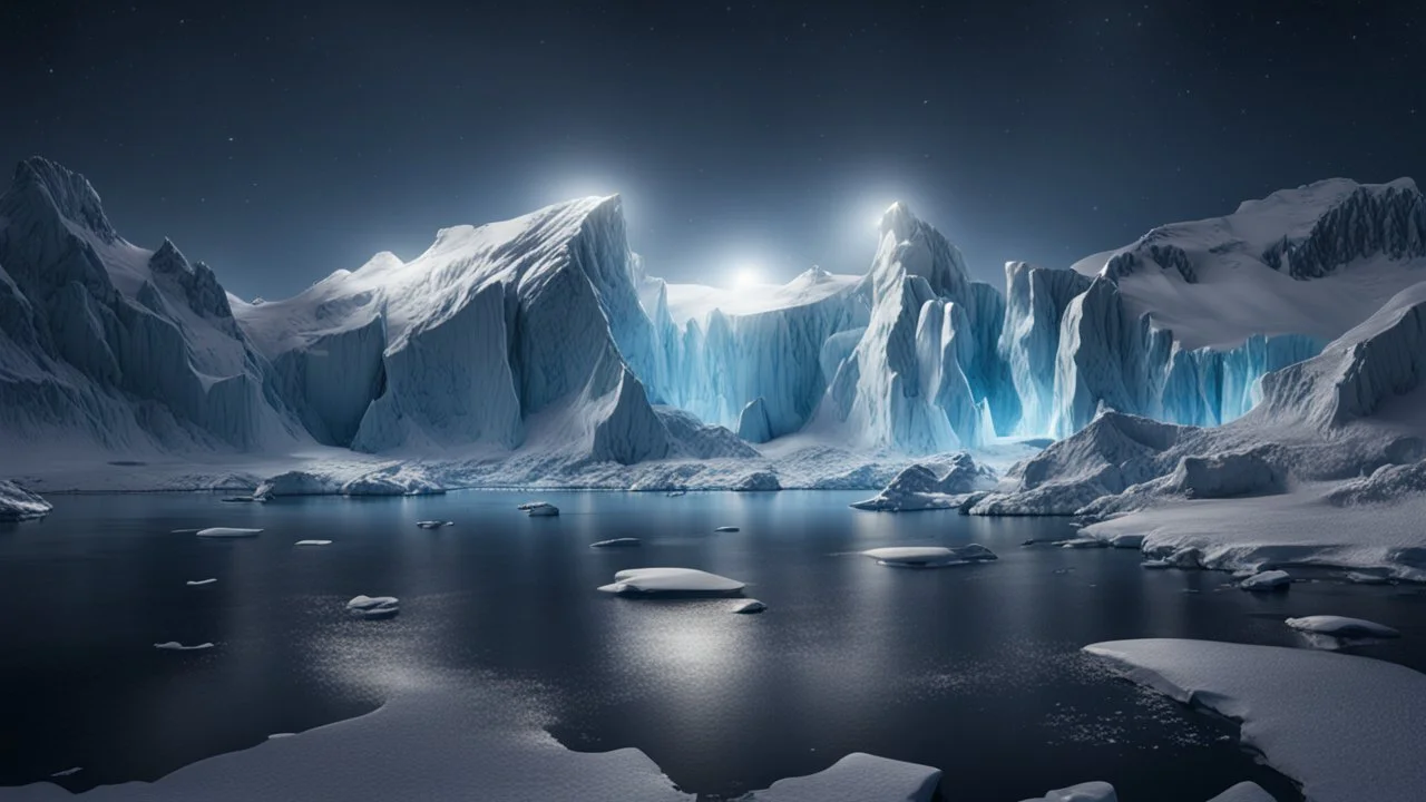 antarctica at night,glaciers,lakeside,8k, volumetric lighting, Dramatic scene,