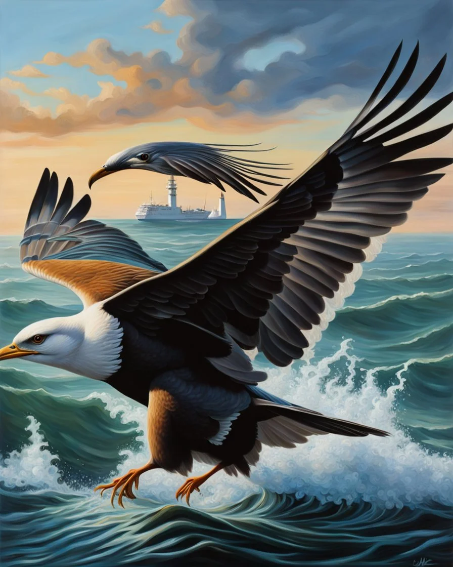 Alcatraz bird plummeting into the sea, portrait, ultra quality, hyper detailed, hyper realistic, oil painting, artwork, 8k