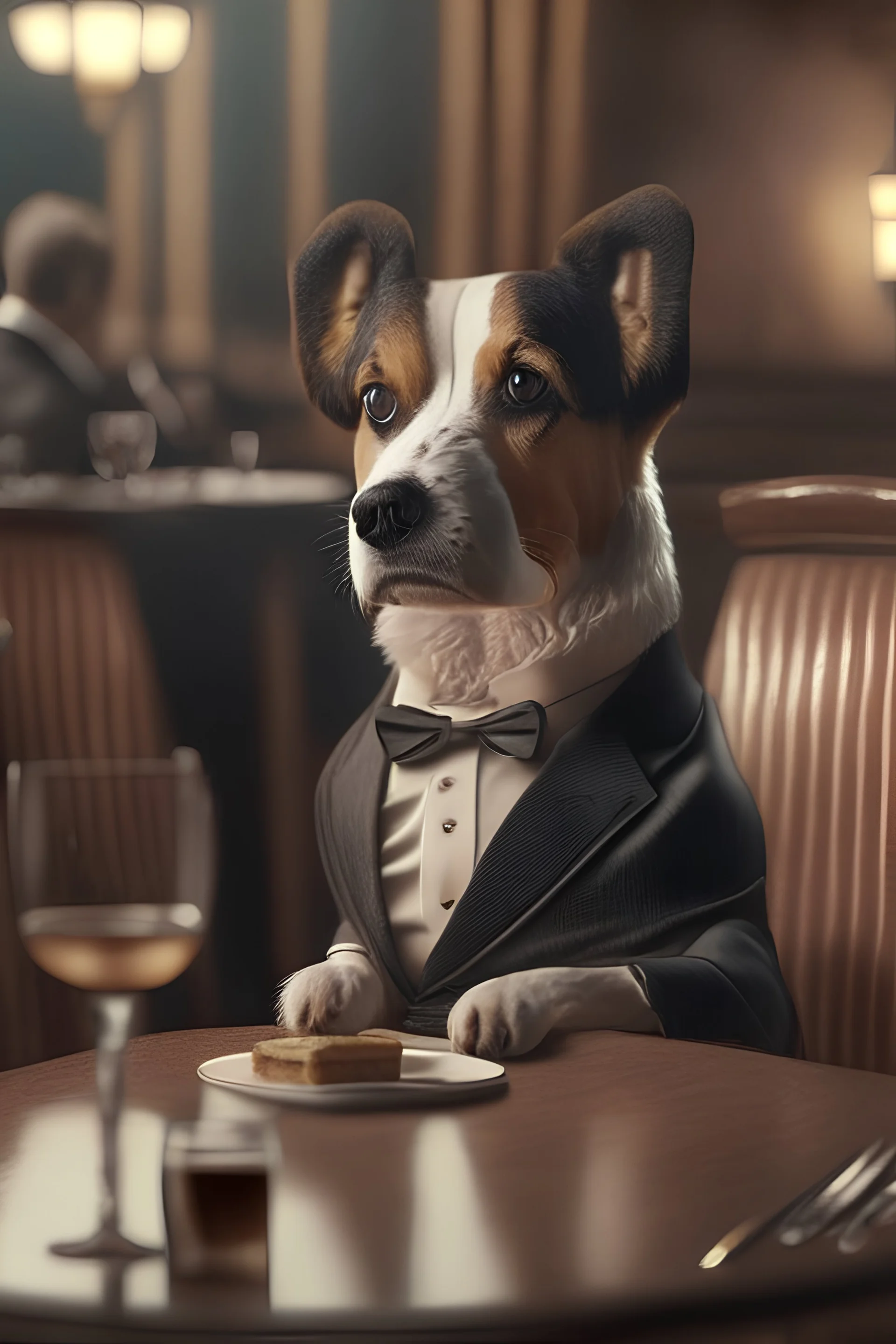 A cut dog in an elegant suit sits at a table in a five-star restaurant eating realistic photo cinematic