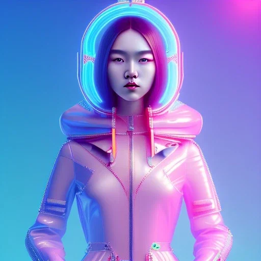 asian woman teenager, few freckles, padded coat, retro futuristic, latex dress, gradient color, BLUE, PINK, CYAN, neon, insanely detailed, 16k resolution, perfect eyes, cinematic smooth, intricate detail