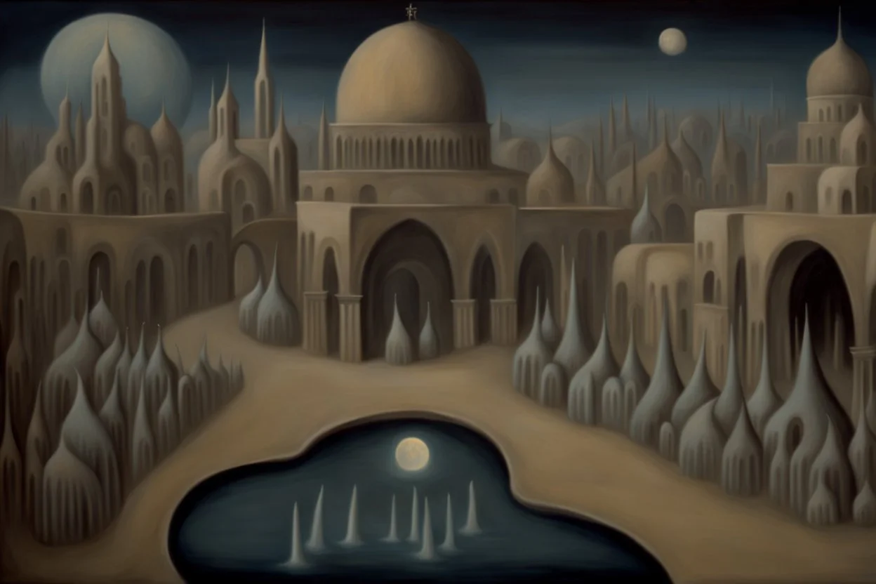 a surreal noctilucent city with arches, domes and rivers by artist "Leonora Carrington",by artist "Agostino Arrivabene",by artist David Inshaw"