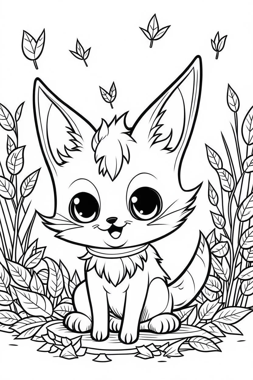 cute coloring page, sketch style, cute baby cat in the wood, cartoon, white and black, withe background, no shadows, outline.