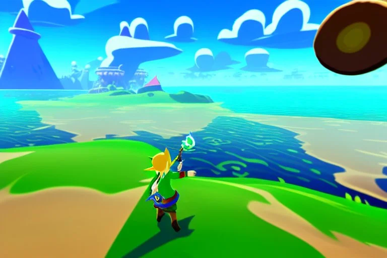 Legend Of Zelda: Wind Waker style view of a vast ocean, stylized, colorful, adventurous, no ships.