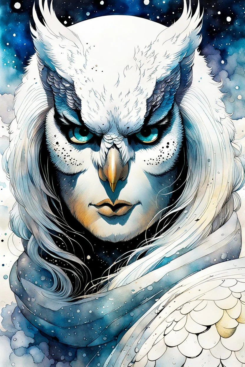 ink wash and watercolor illustration of a hybrid Snowy Owl girl with highly detailed feathers and facial features in the comic book style of Bill Sienkiewicz and Jean Giraud Moebius, with a fine art aesthetic, highly detailed , 4k UHD cinegraphic quality